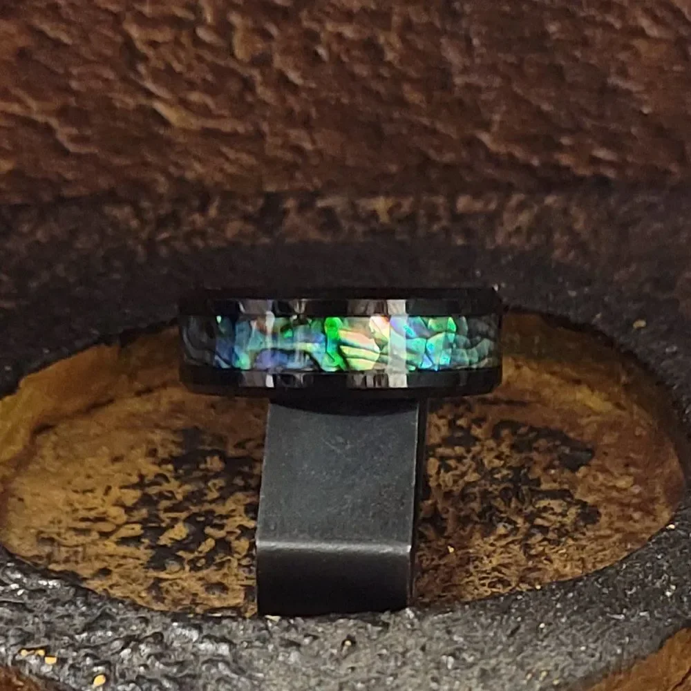 Men's Real Black Tungsten Promise Ring With Abalone Shell Inlay